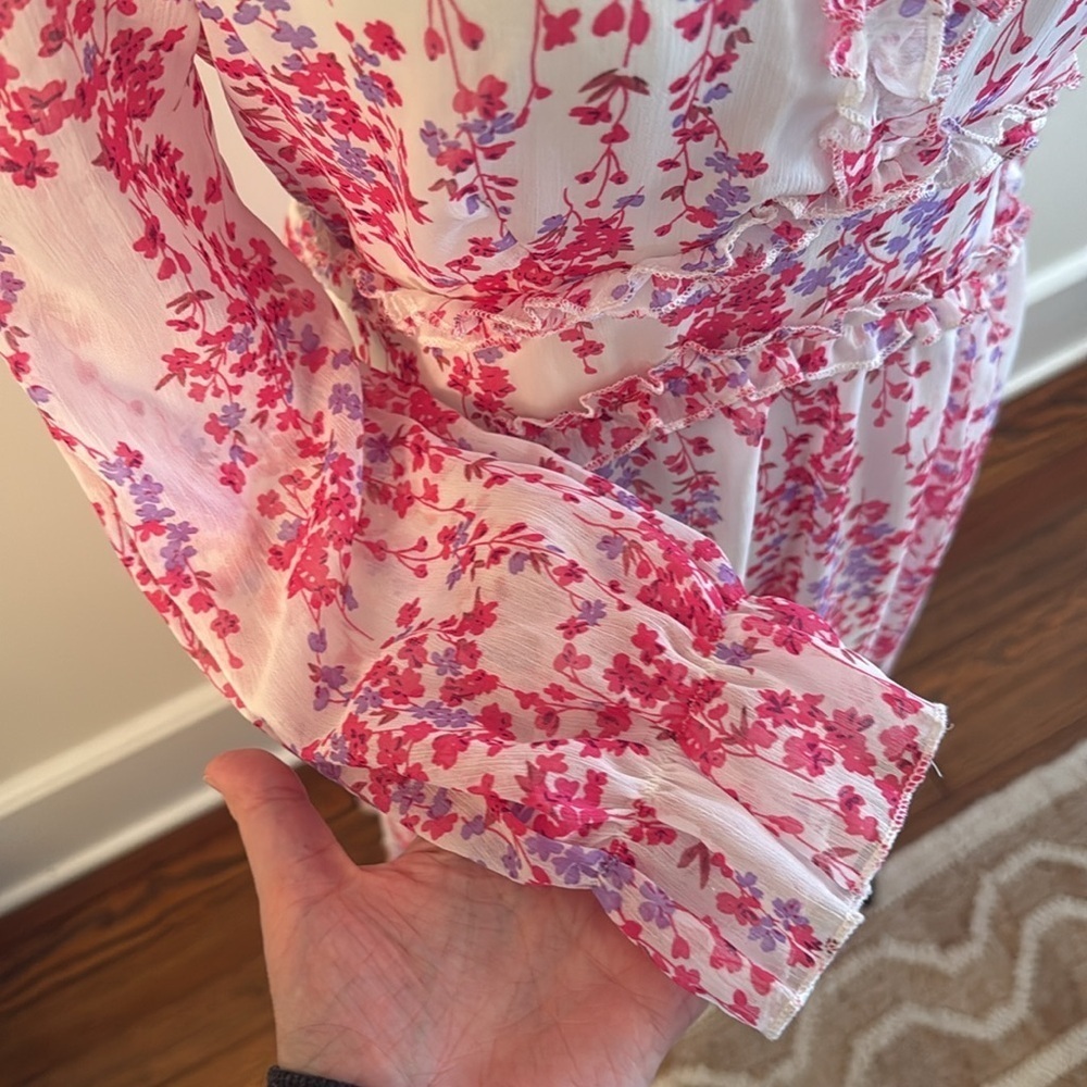 Midi Dress Long Sleeve Pink White Floral Frill Trim Flounce Sleeve Ruffle Hem M - Picture 5 of 7